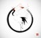 Dancing japanese crane in enso zen circle on white background. Traditional Japanese ink wash painting sumi-e. Hieroglyph