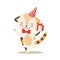 Dancing Little Girly Cute Kitten With Birthday Present Wearing A Party Hat, Cartoon Pet Character Life Situation