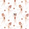 Dancing little vector girl ballerinas seamless pattern with flowers, leaves, plants and floral elements in trendy colors
