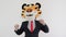 Dancing man in a business suit and a tiger mask on his head on a white background, humor. Copy space for text, manager