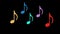 Dancing multicolored musical notes. 3d musical notes on black background.
