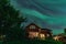 Dancing Northern lights Aurora borealis in autumn over wooden house in backyard. Umea town, Sweden, night. Copy space