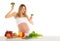 Dancing pregnant woman with fruits and vegetables