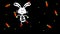 Dancing rabbit in a skeleton costume on a background with carrots.