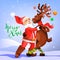 Dancing Santa Claus with Christmas Reindeer. Funny and cute Merry Christmas greeting card