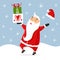 Dancing Santa and a stack of gifts, many gifts falling from the sky. Happy Santa Claus giving presents. Satisfied Santa