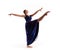 Dancing woman in a dress performs a pose of rhythmic gymnastics. Artistic dance element on a white background
