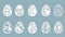 dandelion, bell, leaves, flowers, fern, chamomile carved in egg. Vector illustration. Easter eggs for Easter holidays. Set of pape