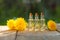 Dandelion essential oil in  beautiful bottle on table
