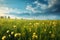 Dandelion meadow on a sunny day. Panoramic image. Generative AI animal ai