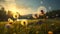Dandelion Seeds Carried Away by a Gentle Summer Breeze Across a Lush Field in Golden Afternoon Sun. Generative Ai