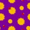 Dandelion yellow flowers with red ladybugs seamless pattern. Spring or summer bright pattern on purple background