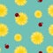 Dandelion yellow flowers and red ladybugs seamless pattern. Surface floral art design. Great for vintage fabric, wallpaper, giftwr