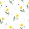 Dandelion yellow flowers and seeds flying with ladybugs seamless pattern. Surface floral art design. Great for vintage fabric, wal