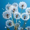 dandelions blowing in the wind on a blue background
