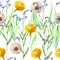 Dandelions , meadow flowers, watercolor, pattern seamless