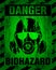 Danger Biohazard warning label sign, gas mask icon. Infected Specimen, black and green danger symbol with worn, scratchy and rusty