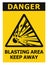 Danger, blasting area, keep away text, hazard risk zone caution warning sign label, blast icon signage sticker, black triangle