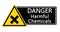 Danger harmful chemicals. Yellow triangle warning sign with symbol and text