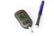 Danger of hyperglycemia, glucometer with high blood sugar and pen injector