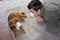 Danger of infection, boy and his dog with medical masks