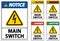 Danger Main Switch Sign On White Background