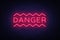 Danger Neon Text Vector. Danger neon sign, design template, modern trend design, night neon signboard, night bright