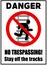Danger, no trespassing. Stay off the tracks of railway. Prohibition sign.