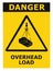 Danger, overhead load text, falling hazard risk caution warning sign, crane cargo icon signage sticker, black triangle isolated