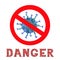Danger, poster with hand painted watercolor illustration Multiple virus in red round prohibition sign