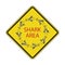 Danger Shark Zone. Beware of Sharks. Yellow Square Warning Sign. Dangerous Sea Life. Swim at Own Risk. High Risk Area