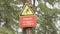 Danger sign of man falling from cliff. Stock footage. Sign hanging from tree warns tourists about cliff in coniferous