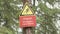 Danger sign of man falling from cliff. Stock footage. Sign hanging from tree warns tourists about cliff in coniferous