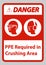 Danger Sign PPE Required In Crushing Area Isolate on White Background