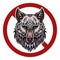 Danger of wild animals. The head of a wolf with a tribal pattern in a red prohibition sign. Ban on predators. Vector forbidden