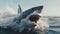 Danger zone. Dangerous waters. A huge white shark jumping out of water.