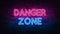 Danger zone neon sign. purple and blue glow. neon text. Brick wall lit by neon lamps. Night lighting on the wall. 3d