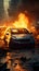 Dangerous car crash scene with a fiery aftermath on the road