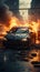 Dangerous car crash scene with a fiery aftermath on the road