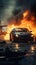 Dangerous car crash scene with a fiery aftermath on the road