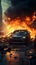 Dangerous car crash scene with a fiery aftermath on the road