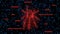 Dangerous dark red low poly spider over binary code background - stylized hacker attack in matrix style