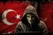 Dangerous Masked Hacker performing cyberattack Turkish flag as background.