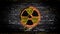 Dangerous radiation sign on dark brick wall with ignition and burning effect