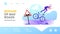 Dangerous Situation on Highway Landing Page Template. Bicyclist Male Character Stumble and Fall from Bicycle on Bad Road