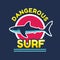 Dangerous surf - vector logo badge for t-shirt and other print production. Shark vector illustration