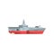 Dangerous war boat with cannon and radar. Military ship icon. Missile cruiser in flat style. Colored vector design