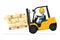 Dangers of driving a forklift. Industrial worker in an accident with boxes falling on the fork lift truck. Work accident in a