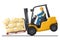 Dangers of driving a forklift. Industrial worker in an accident with boxes falling on the fork lift truck. Work accident in a