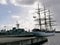 Danish 3-masted sailboat and military boat in the marina of Ponta Delgada in Azores